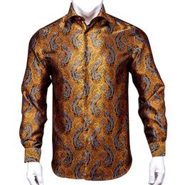 Hi-Tie 100% Silk Luxury Black Gold Embroidery Paisley Dress Shirt Men Long Sleeve Men's Casual Button-Down Shirts Outwear 210721