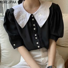 Korejpaa Women Shirt Summer Korean Chic Retro Embroidery Flower Doll Lapel Contrast Stitching Satin Silk Puff Sleeve Blouse 210526
