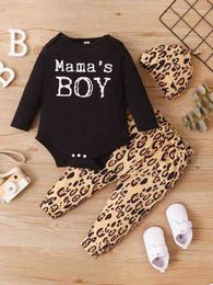 Baby Letter Graphic Bodysuit & Leopard Print Pants With Hat SHE