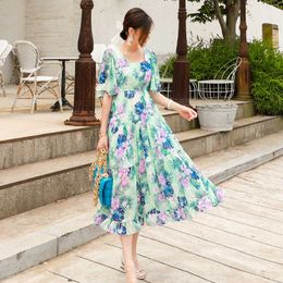 Korean Women's Summer Long Dresses Elastic Waist Square Neck Short Sleeve Floral Print Holiday Midi 210529