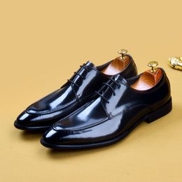 Lacing Patent Leather Formal Shoes Men Blue Men Brogue British Oxford Dress Shoes Genuine Leather Pointed Toe Men Wedding Shoes