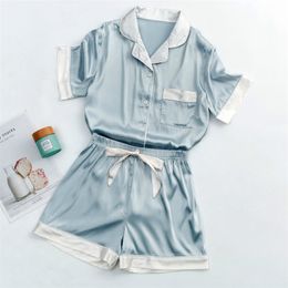 Home Clothes Silk Women's Pajamas Summer Sleepwear Pyjama Femme Satin Roomwear Sleep Tops + Pants Pijamas Nightgown 210809