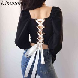 Kimutomo Vintage Solid Blouse Women Hollow Back Cross Straps Ladies Square Collar Lantern Sleeve Top Spring Korea Chic 210521