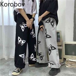 Korobov Korean Fashion Women Butterfly Print Ulzzang Pants Summer High Waist Elastics Women Trousers Stretwear Wide Leg Pants 210430