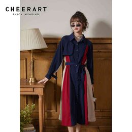 Color Block Long Shirt Dress Autumn Sleeve Button Up Collar Dark Blue A Line Lace Korean Designer 210427