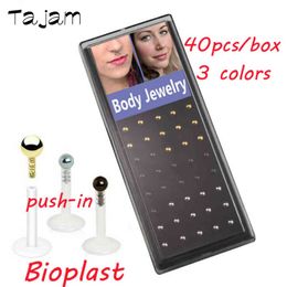 40pcs/Box-Bioplast Labret 16G Flexible Push-in Lip Stud Black&Gold&Steel Steel Ball Ear Cartilage Tragus Jewelry