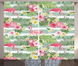 Curtain & Drapes Flamingo Decor Curtains Flamingos With Exotic Hawaiian Leaves And Flowers On Striped Vintage Living Room Bedroom