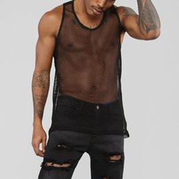 Mens T-shirts Gym Sexy Men Tank Vest Tops Sleeveless Mesh Sheer Outwear Training Fish Net Hollow Out See Through Sporting Clothing