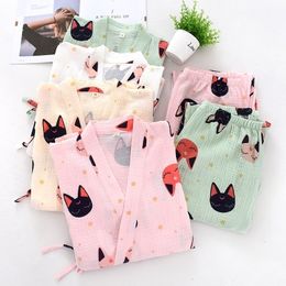 Japanese 100% crepe cotton kimono robes women pajamas sets kawaii sweet Cartoon orange women sleepwear bathrobes plus size 210320