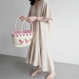 Loose Cotton and Linen Solid Dresses Butterfly Sleeve Ruffles V-neck Shirt Irregular Fishtail Knee-Length for Women 210615