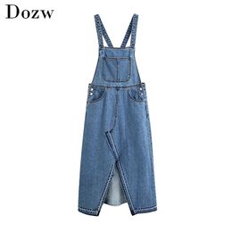 Women Denim Long Dresses High Street Split Spaghetti Strap Cowboy A Line Sleeveless Casual Pockets Vestidos 210515