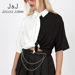 Jocoo Jolee Fashion Panelled Colour Shirt Summer Short Sleeve Cropped Tops Sexy Lapel Cardigan Gothic Shirt Blouse Streetwea 210518