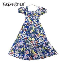 Floral Print Dress For Women Square Collar Puff Short Sleeve High Waist Elegant Midi Dresses Female Summer 210520