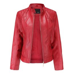 Leather Jacket Women Zippers Spring Autumn Women's PU Leather Jacket Mandarin Collar Red Motor Biker Coat Female Oversized 210916