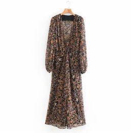 Summer Women Vintage Dress Floral Print Long Sleeve V-Neck Chiffon Pleated es Female Elegant Fashion Split 210513