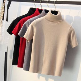 2020 Spring Knitted Tops Women Short Sleeve T shirt Autumn Winter Turtleneck Pullovers T-shirt Tee Shirt Femme Tshirt Knitwear X0628