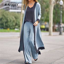 Women Solid Casual Loose Three Piece Set Long Sleeve Cardigan+Tops+Wide Leg Pants Suit Femme V Neck Home 3 Clothe 210930