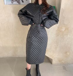 European fashion Autumn winter new women's cotton-padded liner loose jacket and midi long skirt twinset dress suit SML