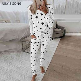 JULY'S SONG Women Star Pajama Set 2 Pieces Casual Simple 65%Cotton Print Pyjamas Spring Autumn Sleepwear Trousers Suit 210809