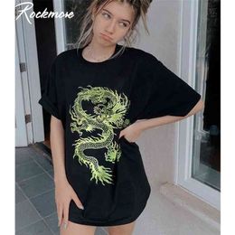 Rockmore Dragon Print Short Sleeve Tshirts Plus Size Letter Printed Long Shirts Summer Loose Black T Shirt Ladies Streetwear Top 210324