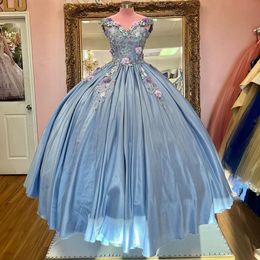 Quinceanera Dress Light Sky Blue Lace Appliques Flowers Ball Gown Off Shoulder 15 years dresses Sweet 16 Elegant Gowns