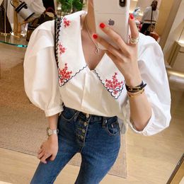 Summer Puff Half Sleeve Women Shirt Korean Sweet Turn Down Collar Floral Embroidery Blouse Tops Spring Shirts Blusas 14173 210527