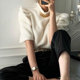 [EWQ] Spring Jumper Female Thin Casual Irregular Suit Collar Patchwork Pleated Half Sleeve Minimalist T-shirt Top 8Y512 210423