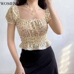 WOMENGAGA French Square Collar Floral Short Sleeve Puff T Shirt Women's Flounced Tops Lace Bow Girl Female YTJ6 210603