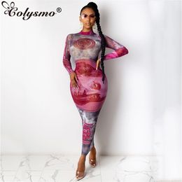 Colysmo Sexy Mesh Dress Summer Print Long Sleeve See Through T Shirt Woman Beach Cover up Party Club Outfits Bodycon Robe 210527