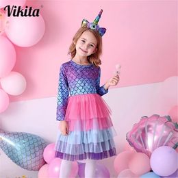 VIKITA Kids Tutu Dress for Girls Long Sleeve Party Prom Vestidos Toddlers Mermaid Unicorn es Princess Autumn 220309