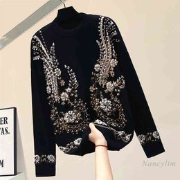 Studded Beaded Petal Pullover Knitting Sweater Coat Woman Autumn Winter Womens Sweaters Female Clothes Top 210428