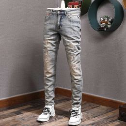 Italian Style Fashion Men Jeans Retro Blue Gray Elastic Slim Ripped Patchwork Designer Hip Hop Splashed Denim Pants