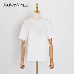 TWOWINSYLE Black Patchwork Pearl Shirt For Women O Neck Short Sleeve Casual Loose Shirts Female Fashion Clothes Summer 210524