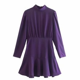 Women Ruffled Hem Violet Mini Dress Casual Femme Stand Collar Long Sleeve Clothes Lady Loose Vestido D6663 210430