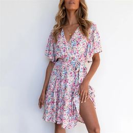 Floral Print Short Sleeve Summer Dress for Women Boho Beach Style Mini Vintage Flower Sundress French with Belt 210427