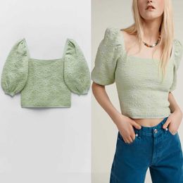 ZA Jacquard Knit Cropped Sweater Women Short Puff Sleeve Elastic Green Pullover Woman Chic Green Spring Knitted Top 210602
