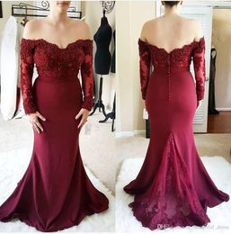 Size Bury Plus Evening Dresses Mermaid Off The Shoulder Long Sleeves Lace Applique Beaded Covered Buttons Sweep Train Custom Made Prom Party Gown Vestido