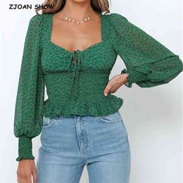 Spring Green Floral Print Crop Shirt Women Sexy Lacing up Tie Bow Square Collar Elastic Waist Slim Fit Blouse French Tops 210429