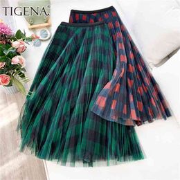 TIGENA Long Plaid Tulle Skirt Women Fashion Summe Elegant A Line High Waist Pleated Checked Maxi Female Ladies Green 210619