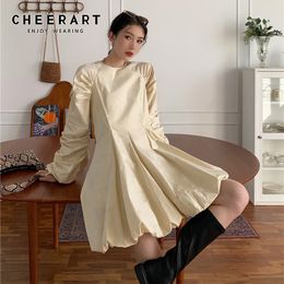 Fashion Women Puff Sleeve Ruched Dress Long Tunic Stereo Bud Mini Korean Autumn Spring 210427