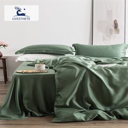 Liv-Esthete 100% Silk Green Bedding Set Mulberry 25 Momme Silk Bed Sheets Beauty Quilt Cover Set Pillowcase Queen King Bed Set 210319