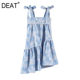 [DEAT] Women Square Collar Knee-length Bow Sleeveless Printing Asymmetry Loose Dress Fashion Summer 13D155 210527