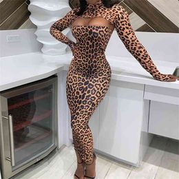 Ladies Elegant Leopard Print Turtleneck Maix Dress Sexy Hollow Out Skinny Wrap Breast Long Sleeve Casual Vintage Vestidos 210517