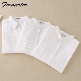 Foxmertor 100% Cotton White Blouse Shirt Spring Autumn Blouses Shirts Women Long Sleeve Section Casual Tops Solid Pocket 210317