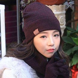 3pcs/set Solid Colour Elastic Knitted Cap Unisex Winter Warm Beanies Hats Scarf Gloves Sets Women Hat and Set