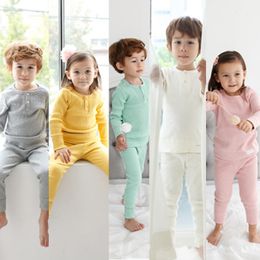 two Piece Set Girl Children's Pajamas Belly Care Suits Pure Color Household Underwear Kids Clothes Girls Clothing Sets 210515