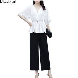 Summer Office Fashion Two Piece Sets Women Single-breasted Tunic Tops + Wide Leg Pants Suits Plus Size Korean Casual 210513