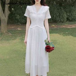 Summer White chiffon dress woman solid pleated V-neck short sleeve elegant party long female runway design 210603