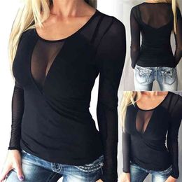 Sexy Women Mesh T-Shirts See-through Long Sleeves Round Neck Slim Fit Pullover Casual Tops Ladies Clubwear New Arrival 210324