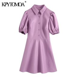 KPYTOMOA Women Chic Fashion With Elastic Trim Faux Leather Mini Dress Vintage Puff Sleeve Button-up Female Dresses Mujer 210323